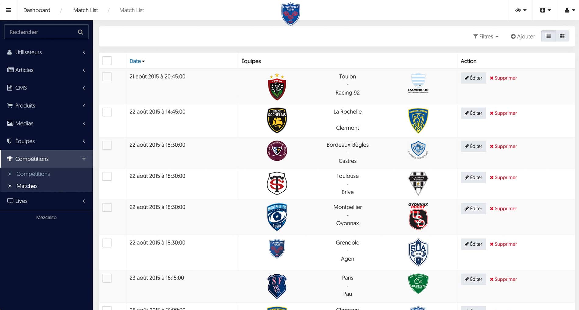 Page de l’administration du site FCGRUGBY