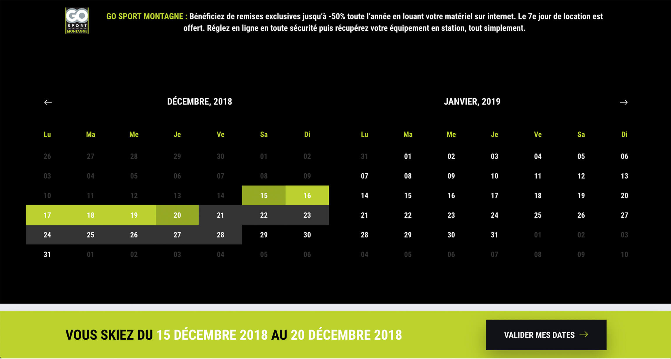 Calendrier pour pouvoir réserver son matériel de ski