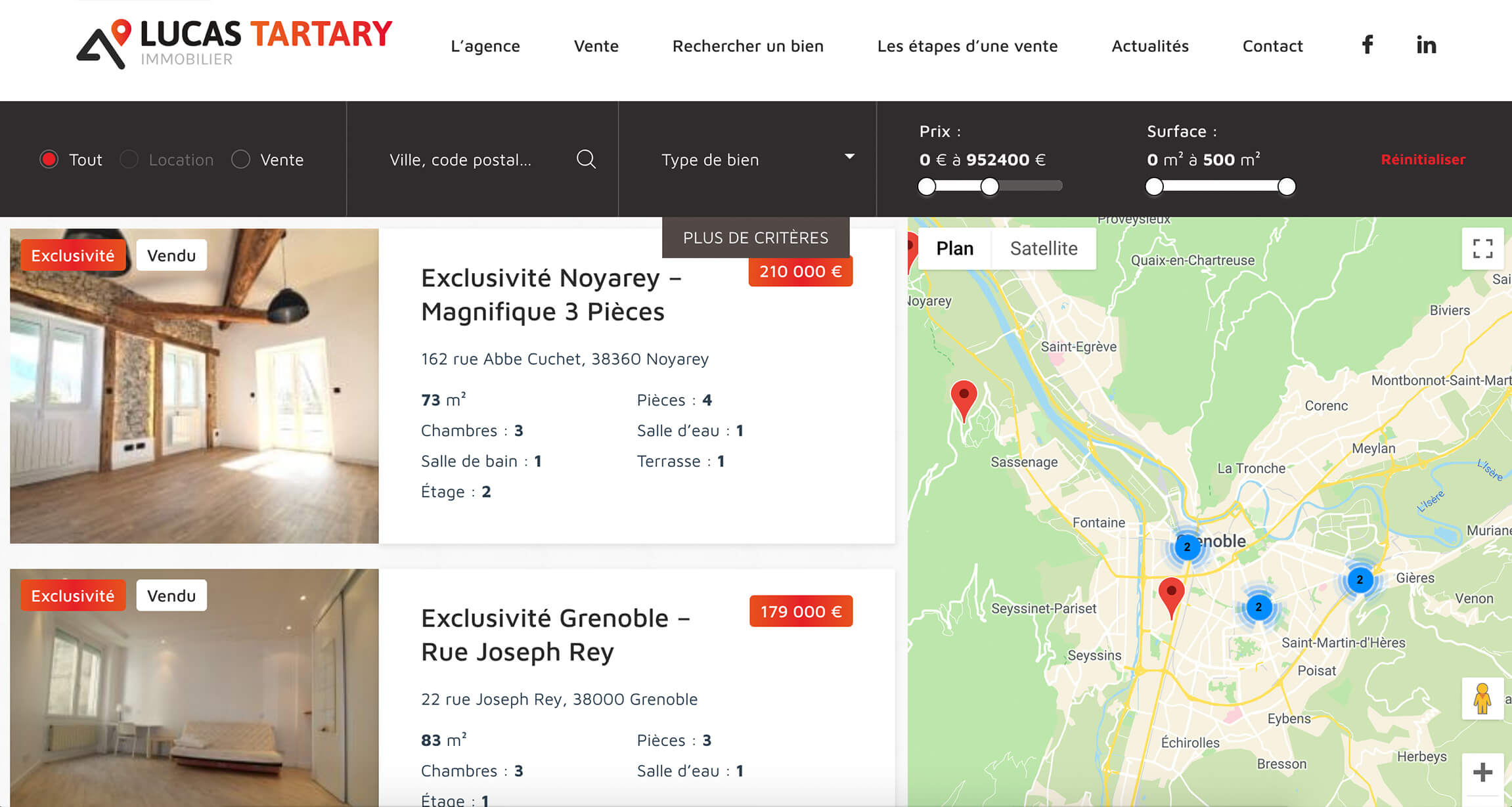 Liste des biens avec la carte du site sur desktop