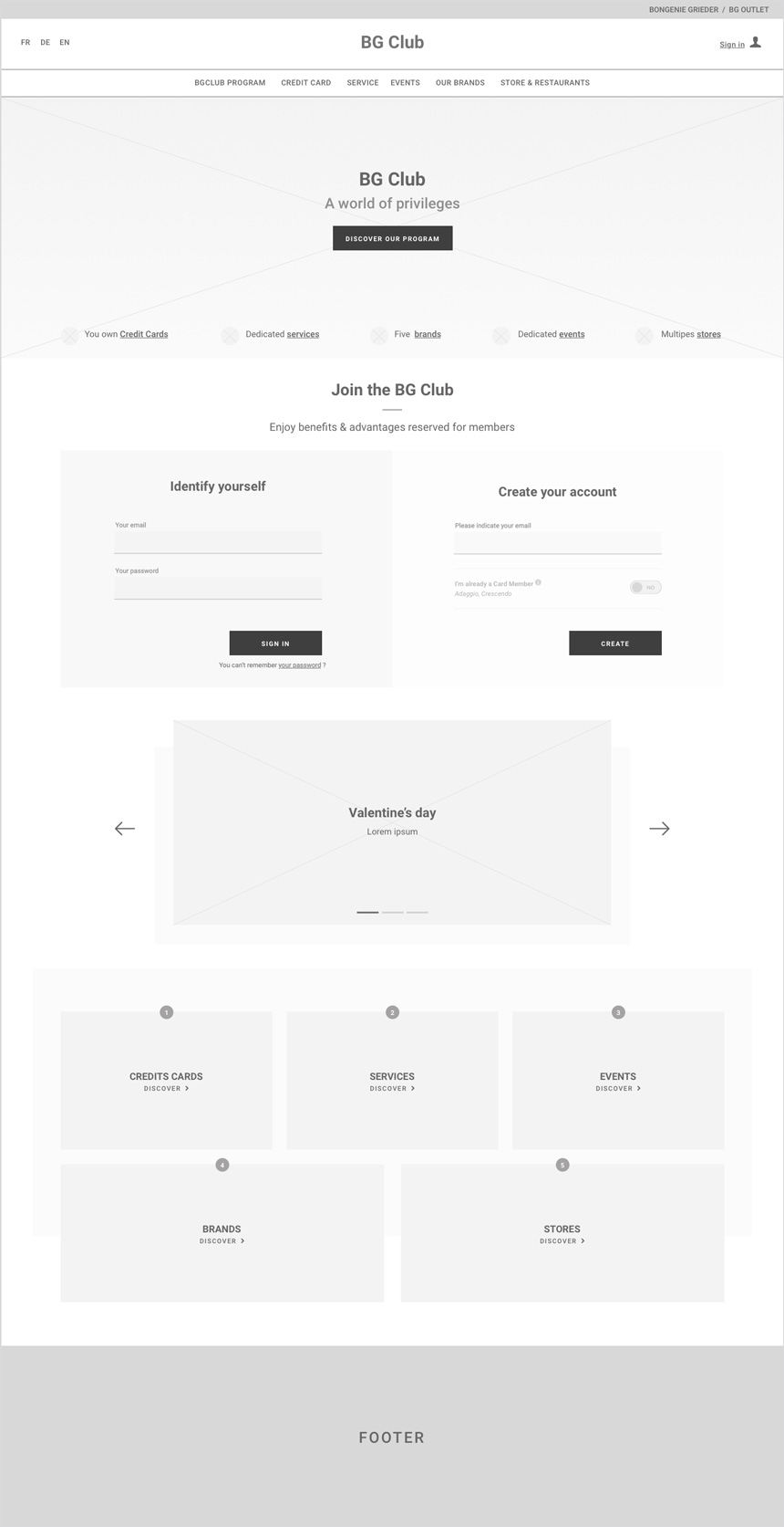 Wireframe de la homepage du BG-Club