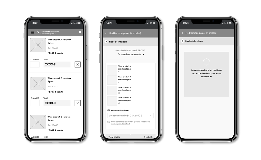 vues mobile du parcours UX du site de l'entrepôt du bricolage